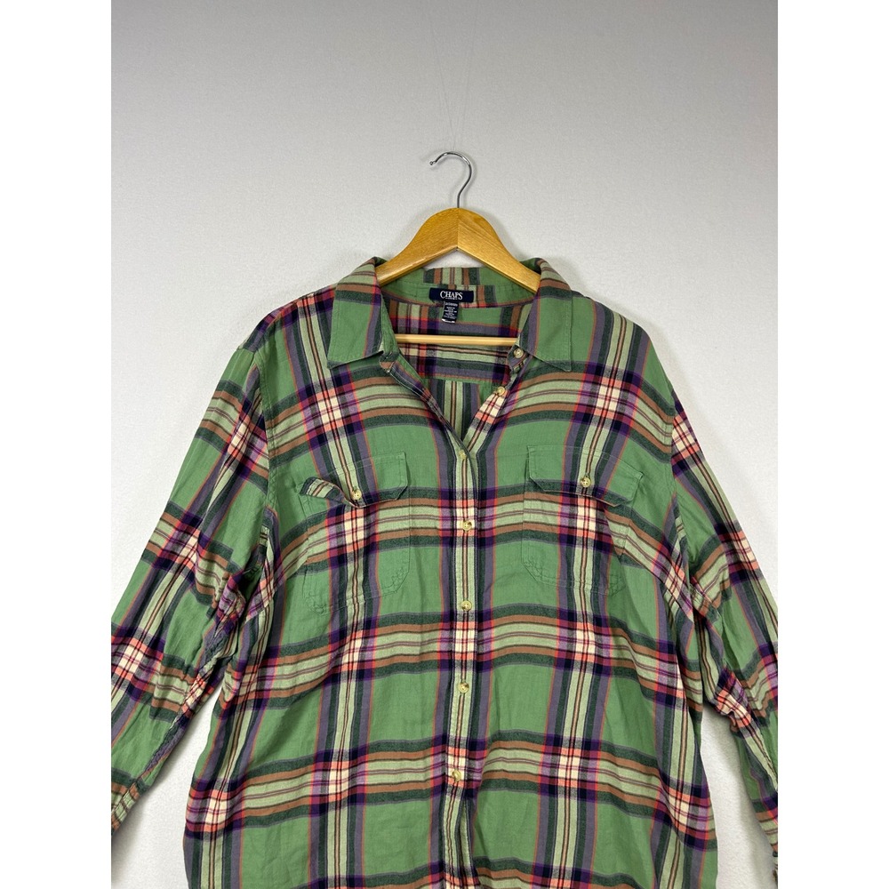 Cabincore Chaps Womens 3X Green Plaid Cotton‎ Long Sleeve Button Down Shirt - Picture 4 of 9